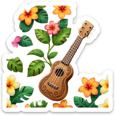 Ukulele with Polynesian carvings with flowers behind it sticker