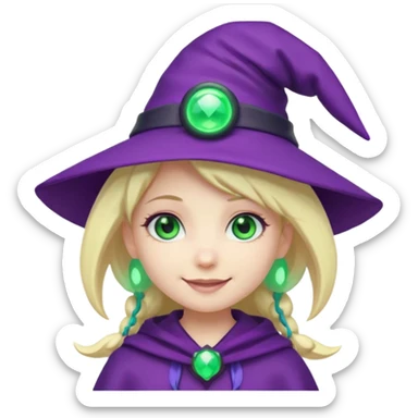 Make a blonde girl with green glowing headset on with teal eyes and a purple haired girl with green eyes waering a purple wit hes hat haveing fun , make them a chibi emoji page sticker