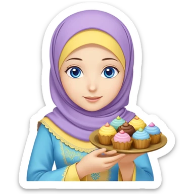 Turkish beautiful finish Konya girl blue eyes with lila yellow hijab islamic dress and had on her hand text Eid Mubarak with sweets and celebrating with her friends eid days   sticker