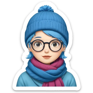 A shy blue straight hair woman with big round glasses and thick scarf and a beanie, blushing from the cold. sticker