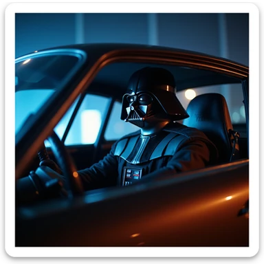 Cinematic shot of a Darth vader sitting in porsche 911, blue and orange lights, full car shot sticker