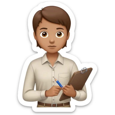 Intern or volunteer with brown hair holding a clipboard and pencil, ready to take notes or assist. The character wears a simple shirt and has an eager posture sticker