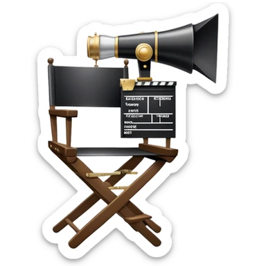 Icon for Directing: a director's chair, a film clapperboard, large movie camera, vintage megaphone and a stage with a spotlight. The icon should represent the creative and organizational aspects of directing, with focus on storytelling, staging, and performance. Transparent background. sticker