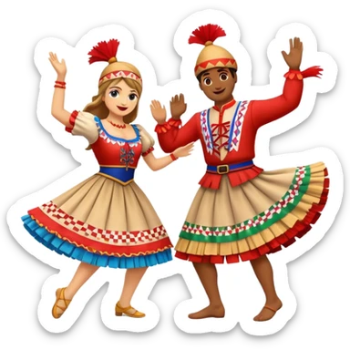 Cinematic Realistic Linđo Dance Emoji, depicted as a traditional Croatian folk dance with lively movements and colorful costumes, rendered with dynamic textures and vibrant festive lighting that captures its cultural vibrancy. sticker