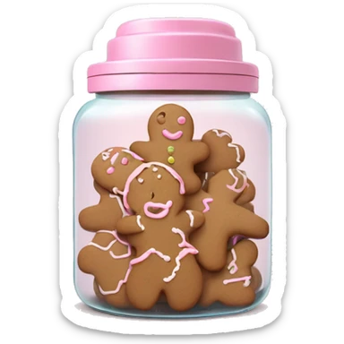 Realistic glass cookie jar with light pink lid full of gingerbread cookies isolated.  sticker
