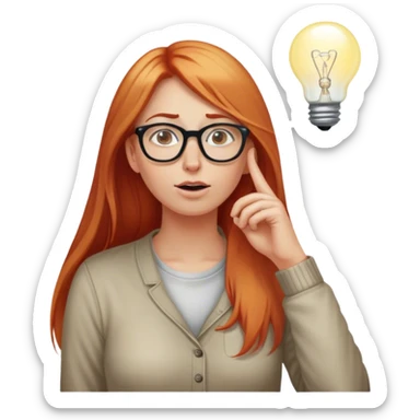 intelligent and clever, 30 year old, girl, long red and almost blond hair, glasses, has an brillant idea, rubs his nose, light bulb over the head, casual cloth  sticker