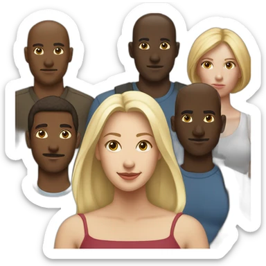 six dark-skinned men stand behind a pale blonde woman sticker