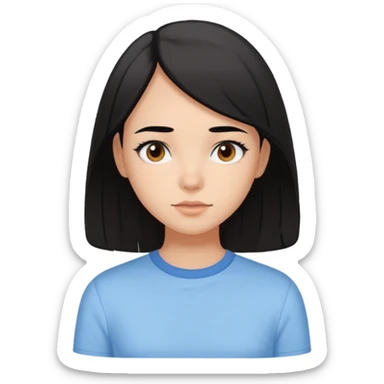 Emoji of a girl with black-brown long bob hair, fair tan skin, brown eyes, soft black eyebrows, pastel blue shirt, clean girl aesthetic, white background  sticker