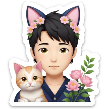 Gorgeous romantic anime style Asian formal modern shojo guy with cat ears and flowers and blushing face aesthetic trending style outside sticker