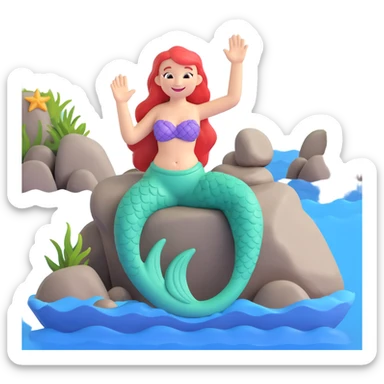 a cheerful little mermaid sitting on a rock, waving to the viewer, with a big smile sticker