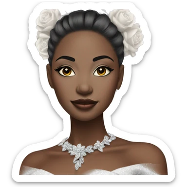 African bride. Glitter makeup. Sleek low ponytail. Silver jewelry. Holding flowers. Eyes closed. sticker