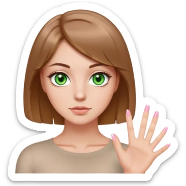 green eyes light brown hair white girl with short bob no bangs with a cosmo light pink nails sticker