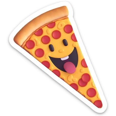 A pizza slice with a happy face, pepperoni, and cheese sticker