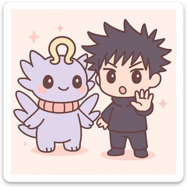 Add Megumi Fushiguro in a summoning pose next to Mahoraga in a cute and simplified chibi style, with both characters visible. sticker