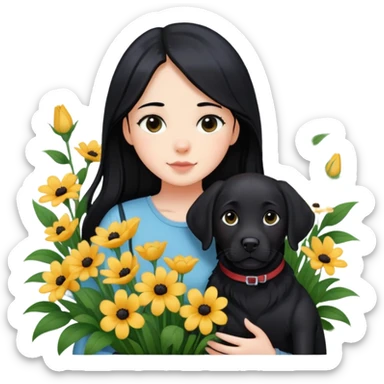 A girl with long black hair is holding a black Labrador in the flowers sticker