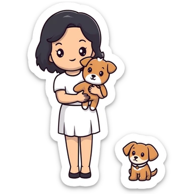 beautiful girl with long straight black hair wearing a white skirt holding a small brown curly teddy dog sticker
