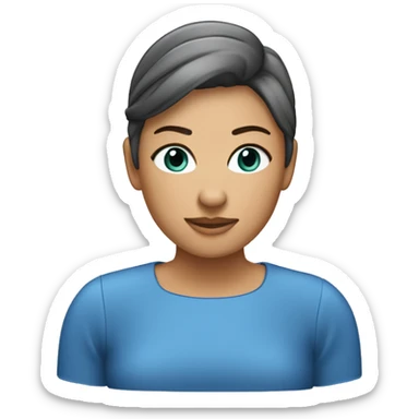 Donna in stile emoji di iPhone: capelli corti biondo chiaro leggermente mossi, occhi blu, lieve sorriso, carnagione chiara, vestito blu, sfondo trasparente. sticker