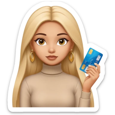 a pretty bratz fair indian girl wearing a beige turtleneck, golden earrings, straight ling hair, holding bank cards sticker