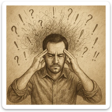 Realistic or illustrative style image of a 30-year-old man suffering from anxiety, inspired by the reference image. The man has hands on his temples with a tense and worried expression. The background features graphic signs representing chaotic thoughts, conveying an atmosphere of mental discomfort. sticker