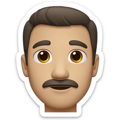 White man with dark brown shag haircut, thick eyebrows, soulful brown eyes, large ears, pronounced cheekbones, and a simple moustache. sticker