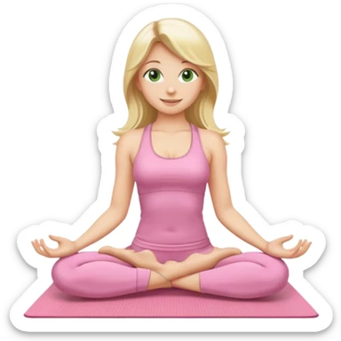 blonde yoga girl with long hair and green eyes, wearing light pink outfit, sitting in lotus pose on a yoga mat, emoji style sticker