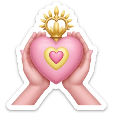 hands holding a pastel pink and pastel yellow sacred heart  sticker