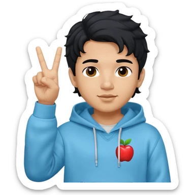 An indian boy in a light blue hoodie with wavy flow hairstyle showing peace sign, with black hair color, apple memoji style sticker