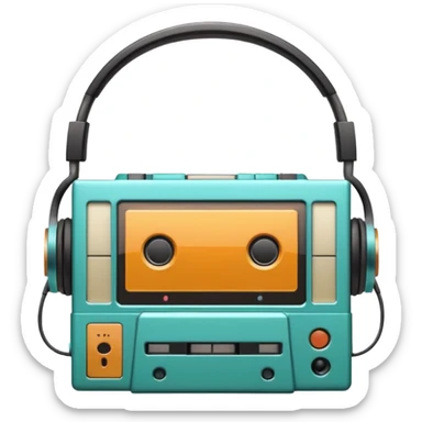 Classic Walkman emoji, Apple/WhatsApp style, front view, cassette window visible, wired headphones, soft gradients, cute proportions, no text, plain background. sticker