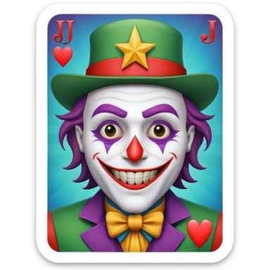1 poker card, perfectly squared card, with crazy colorful human jolly joker inside, star symbol with a "J" sticker