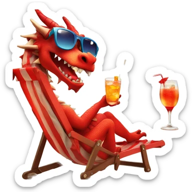 a dragon in sunglasses drinks a cocktail from one glass on the beach while sitting in a red sun lounger sticker