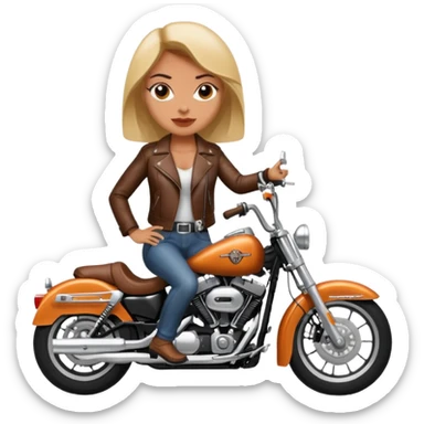 A woman wearing leather riding a Harley Davidson sticker