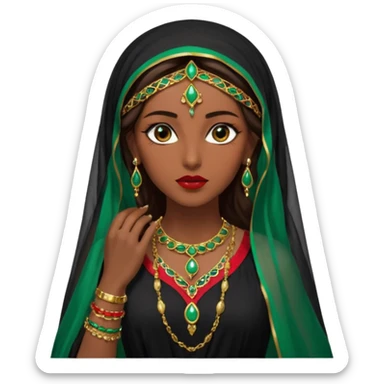 Mujer joven, morena, de gran belleza y porte misterioso.
 mirada intensa, labios marcados.
 Negro, largo, suele ir cubierto parcialmente por un velo
 Ropa de inspiración árabe: túnica colorida (rojo, dorado, verde esmeralda), con detalles dorados, brazaletes y pendientes. que se ve cuerpo entero sticker