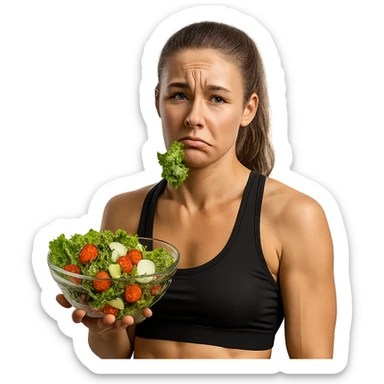 DONNA FITNESS CON INSALATA IN MANO MENTRE TIENE UNA FOGLIA DI INSALATA IN BOCCA CON ESPRESSIONE TRISTE, iperrealistico 4k, ISOLATA SU SFONDO BIANCO sticker