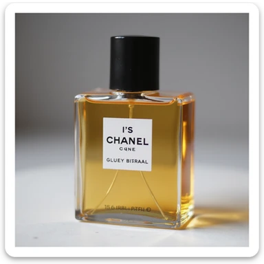 realistic Chanel perfume bottle with black cap, luxury branding, photorealistic style, minimal background sticker
