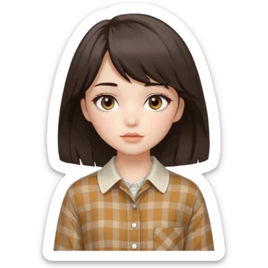 A fair, neutral-toned girl with dark brown layered hair (medium length, curtain bangs) and almond-shaped brown eyes. Doll-like makeup with soft brows, manhwa lashes, and normal lips. Oval face. Wearing an off-white checkered shirt, baggy pants, and minimal silver jewelry. sticker