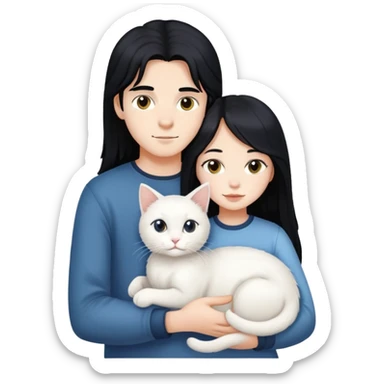 A young boy and a girl with long black hair holding a white cat sticker
