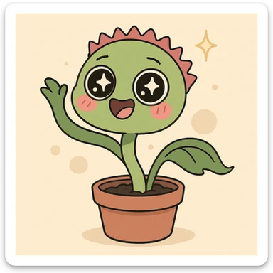 playful kawaii venus flytrap, waving leaf, sparkly eyes, simple background sticker
