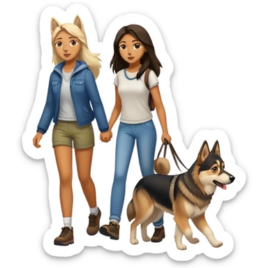 A long-haired girl walking a husky and a German shepherd sticker