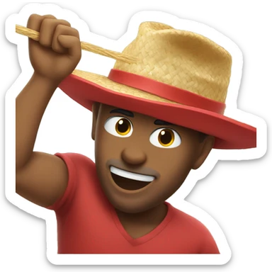 Guy with a red top and a straw hat punching the sky sticker