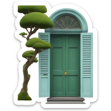 full view on a pink 19th century villa with dark green window frames and light blue door and moss green window shutters sticker