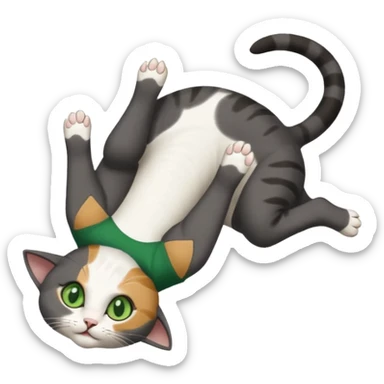 dark grey cat with green eyes, white toes/paws and white patch on her chest playfully rolling upside down sticker