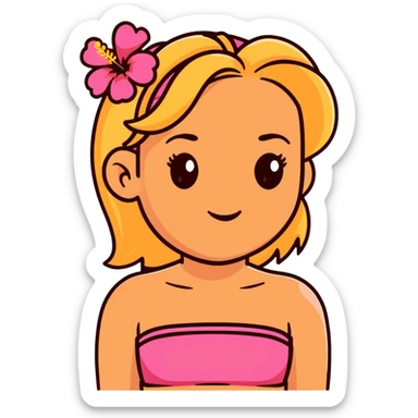 tan girl with blonde hair and brown highlight streaks with a hibiscus flower in her hair wearing a pink tube top with tan lines showing sticker