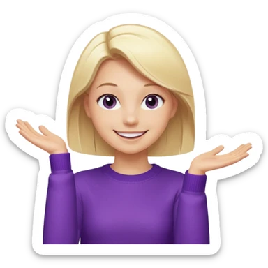 Emoji-style illustration of a joyful young woman, smooth, shiny, perfectly styled blonde hair, wearing a purple sweater, smiling widely with eyes sparkling, expressing happiness and excitement, cartoonish, expressive, simple lines, flat colors, clear silhouette sticker
