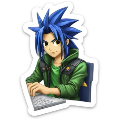 developer behind his laptop with this style :  yu-gi-oh manga anime with hacker themed character sticker