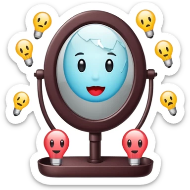 Minimalist emoji-style sticker of a vanity mirror with dim bulbs and cracked glass, words “Am I real yet?” smeared in dusty lipstick tone


 sticker