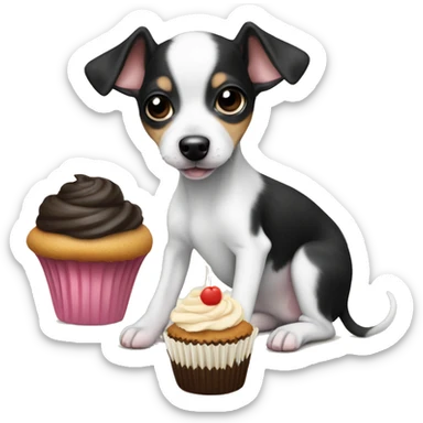 Cute big eyed Black and white rat terrier puppy (no brown or tan) eating a cupcake sticker