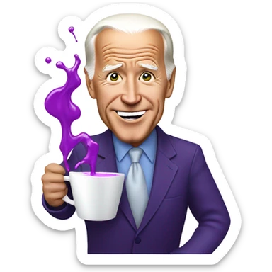 biden with purple liquid spilling out of white cup sticker