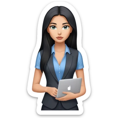 Glamours tanned very beautiful girl with pump peach nude lips and black straight smooth long hair, blue-grey eyes in beautiful v-neck black vest from the suit (short sleeves) no blazer and no anything under the vest, only vest with MacBook sticker