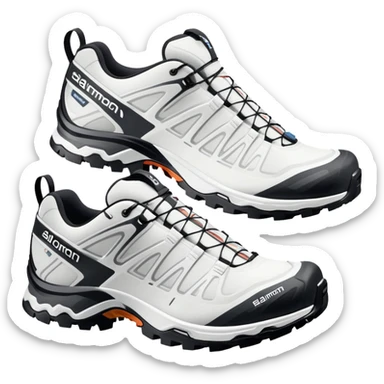 Pair of white Salomon XT-6 Gore-Tex shoes arranged with one slightly behind the other, iOS emoji style with simplified details, technical white hiking shoes with characteristic Quicklace system sticker
