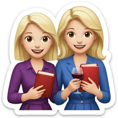 2 blondes and 2 brunettes laughing with books and wine in their hands  sticker